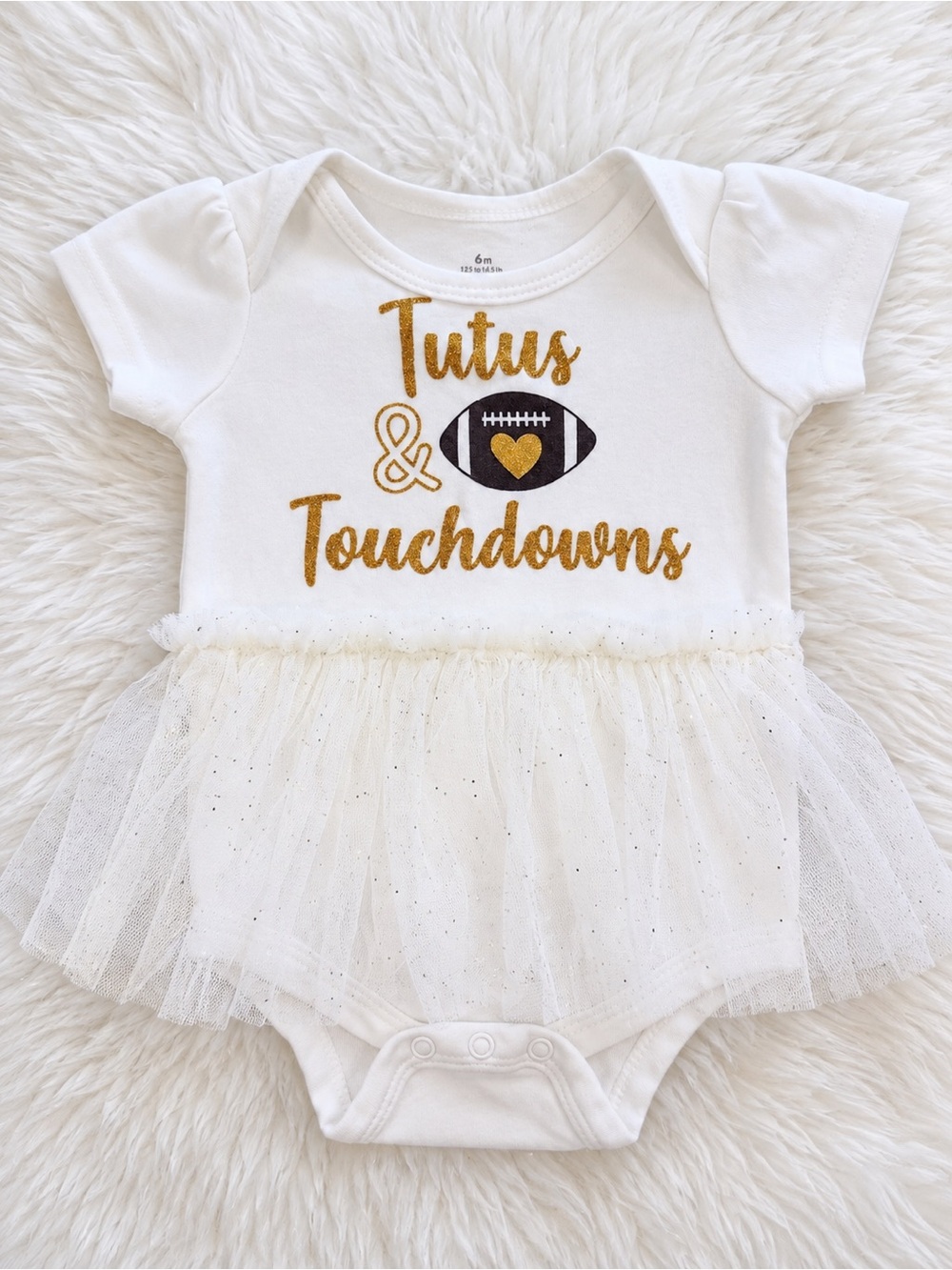 White Baby Tutu Bodysuit with Gold Glitter 'Tutus & Touchdowns' Graphic